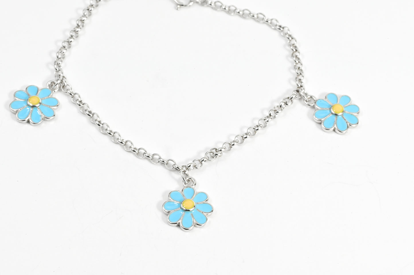 Silver Bracelet Blue Flowers