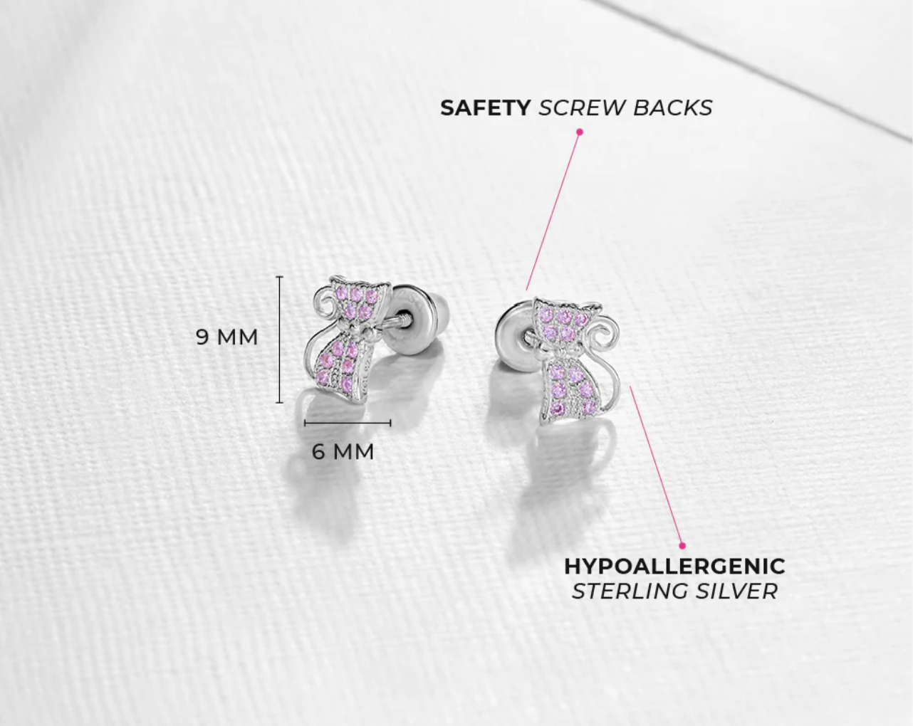 Pink Zirconia stones Cat Earrings Silver