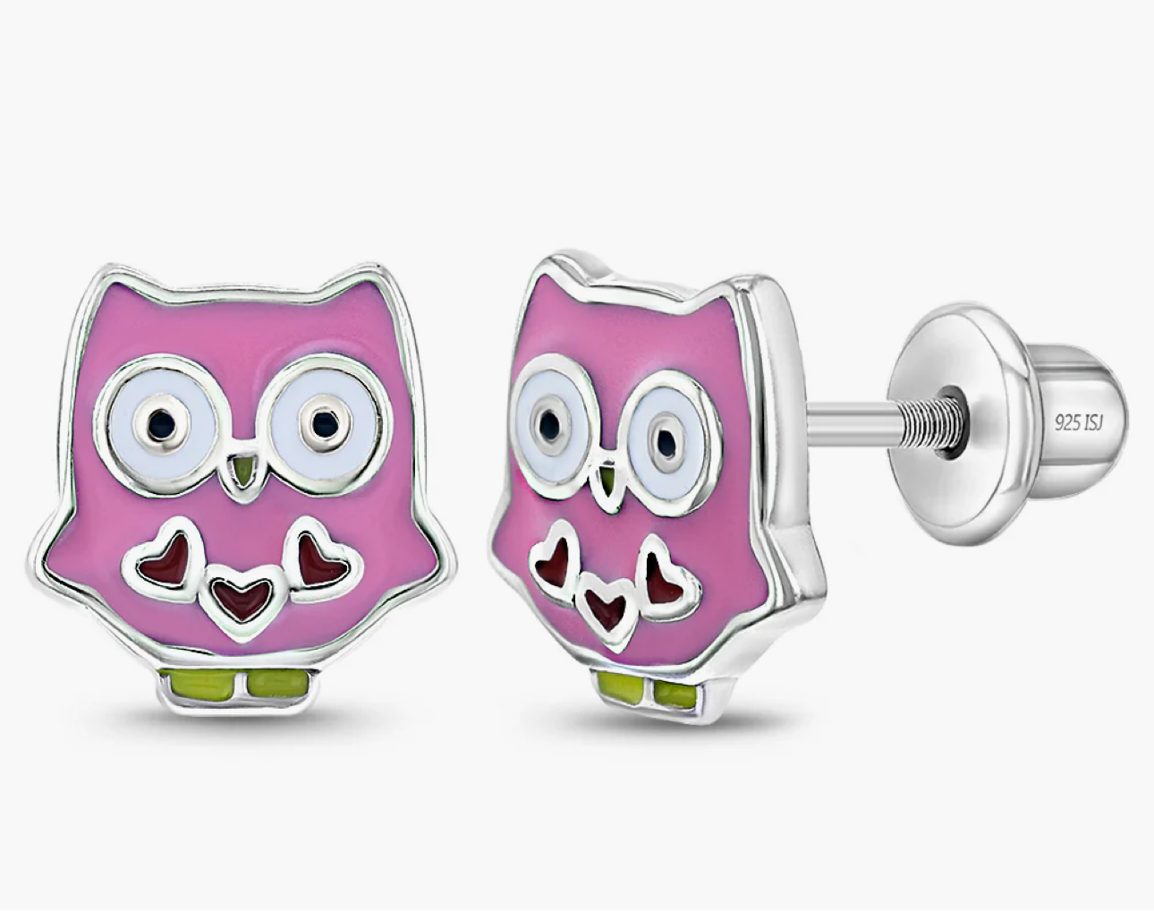 Pink Owls Silver Earrings