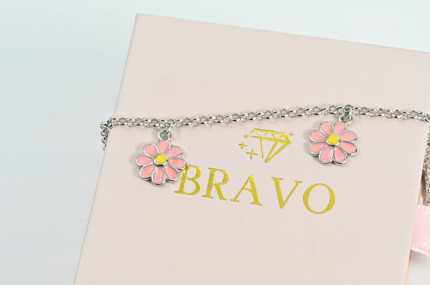 Silver Bracelet Pink Flowers