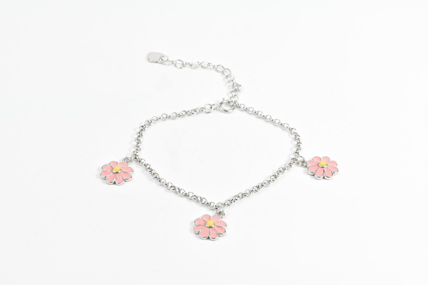 Silver Bracelet Pink Flowers