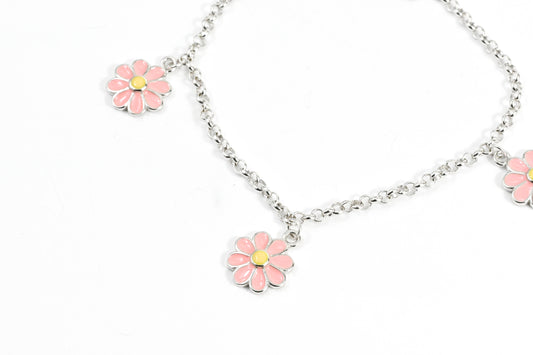 Silver Bracelet Pink Flowers