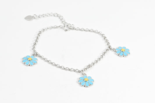 Silver Bracelet Blue Flowers