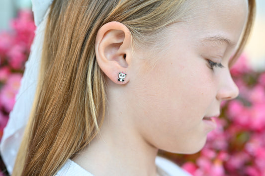 Kids Earrings Studs Panda Silver