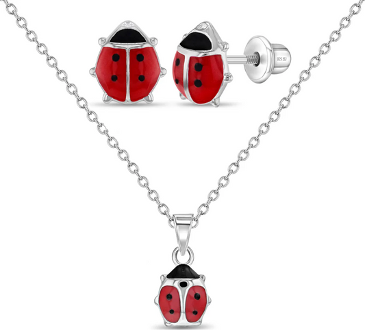 Silver Set Ladybug Earrings & Necklace