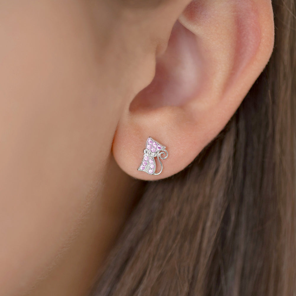 Pink Zirconia stones Cat Earrings Silver