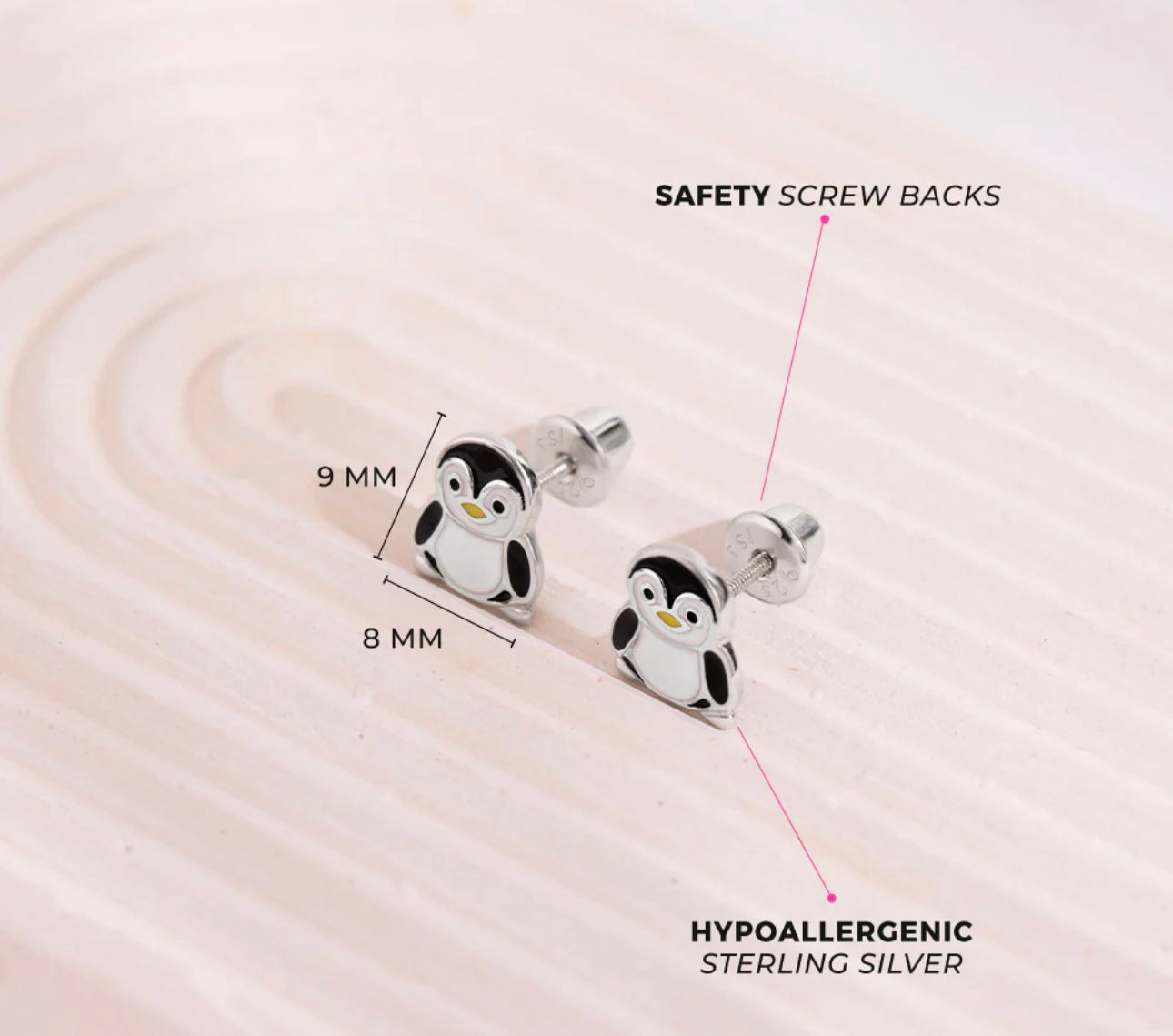 Silver Stud Earrings Screw in lock Penguin